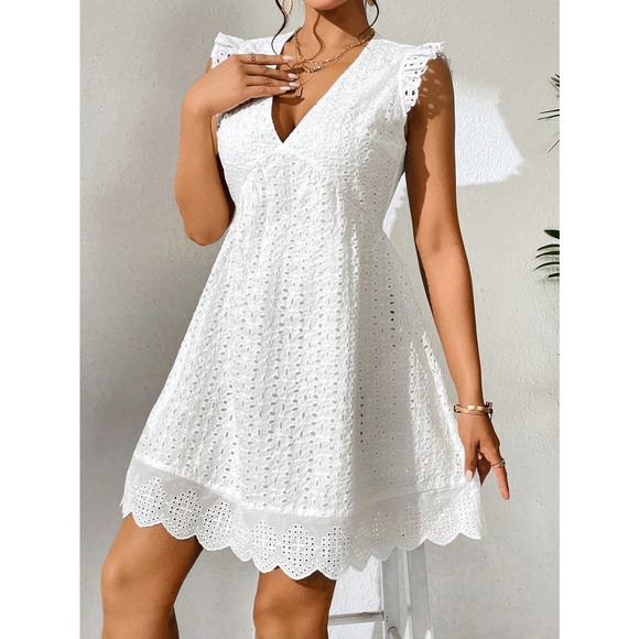 boho Eyelet Embroidered sundress Scallop Trim white Dress - Picture 3 of 5